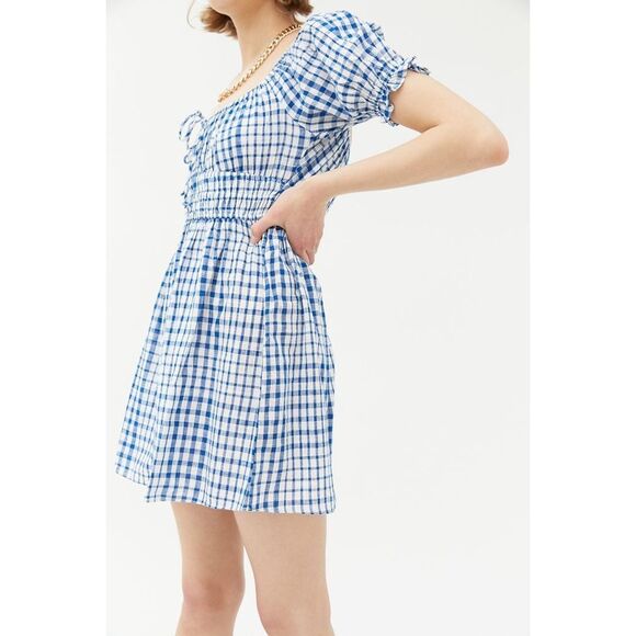 URBAN OUTFITTERS Women’s Blue and White Gingham Short Sleeve Pixie Milkmaid Dres - Picture 1 of 8